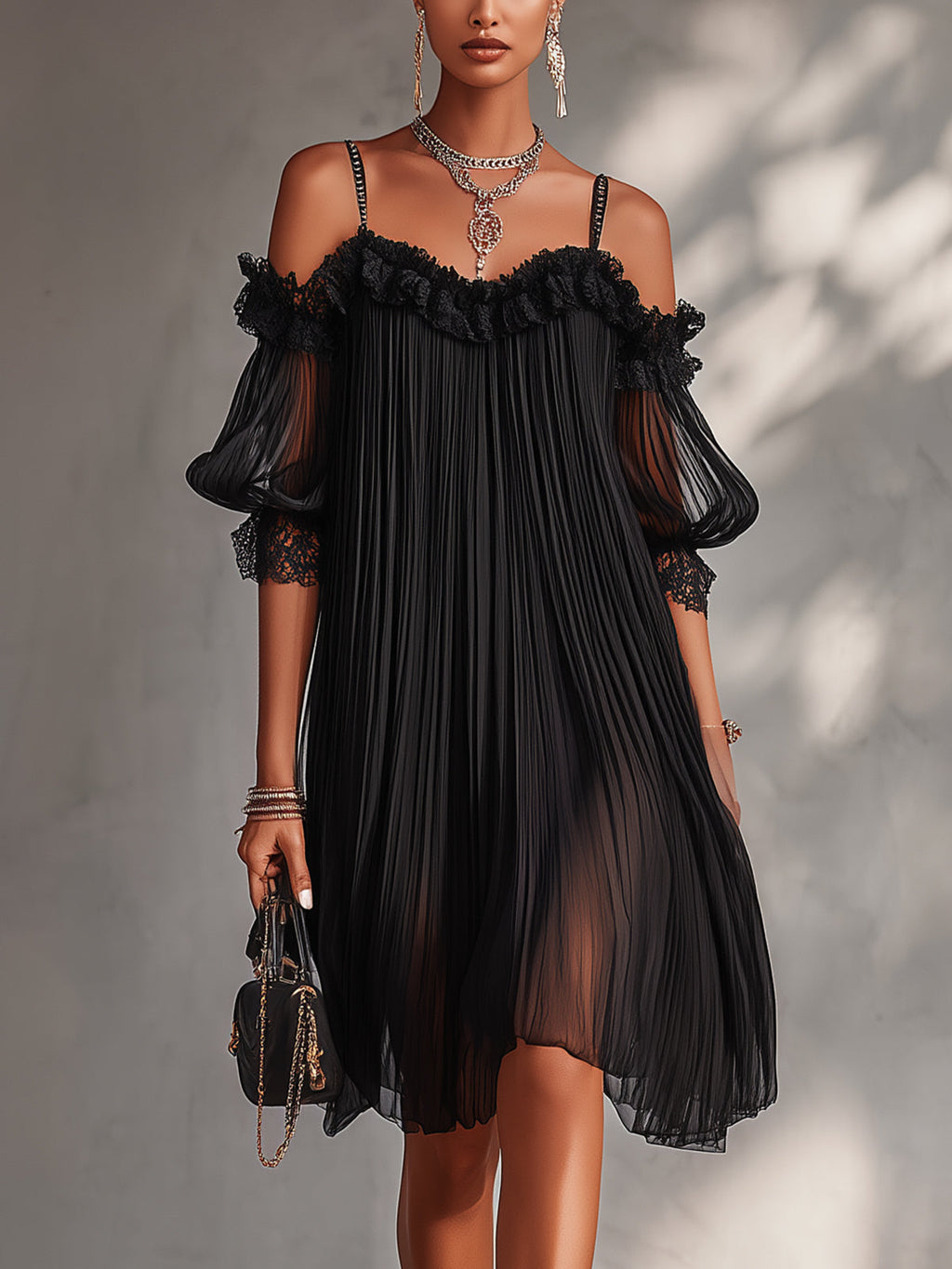 GABRIELLA™ | MINI ABITO IN CHIFFON NERO CON SPALLE SCOPERTE