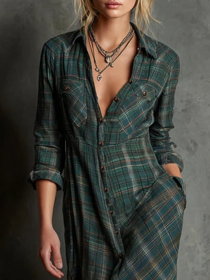 PRISCILLA™ | ABITO LUNGO A QUADRI STILE CAMICIA