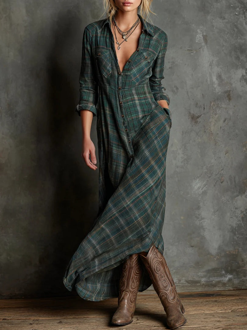 PRISCILLA™ | ABITO LUNGO A QUADRI STILE CAMICIA