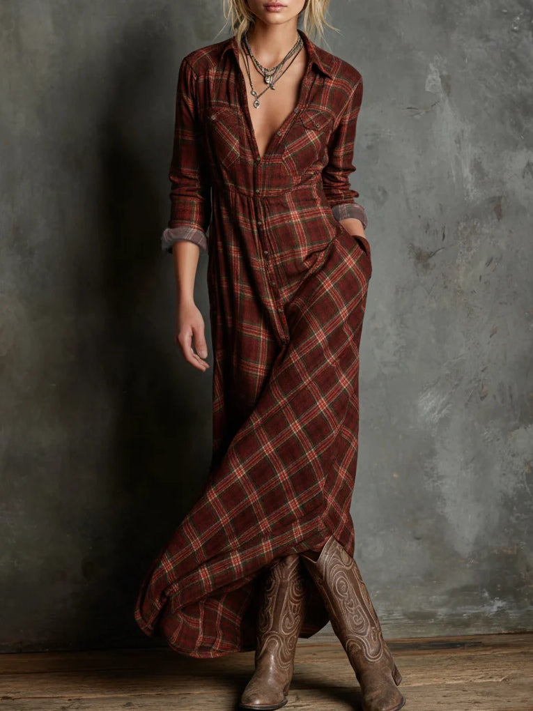 PRISCILLA™ | ABITO LUNGO A QUADRI STILE CAMICIA
