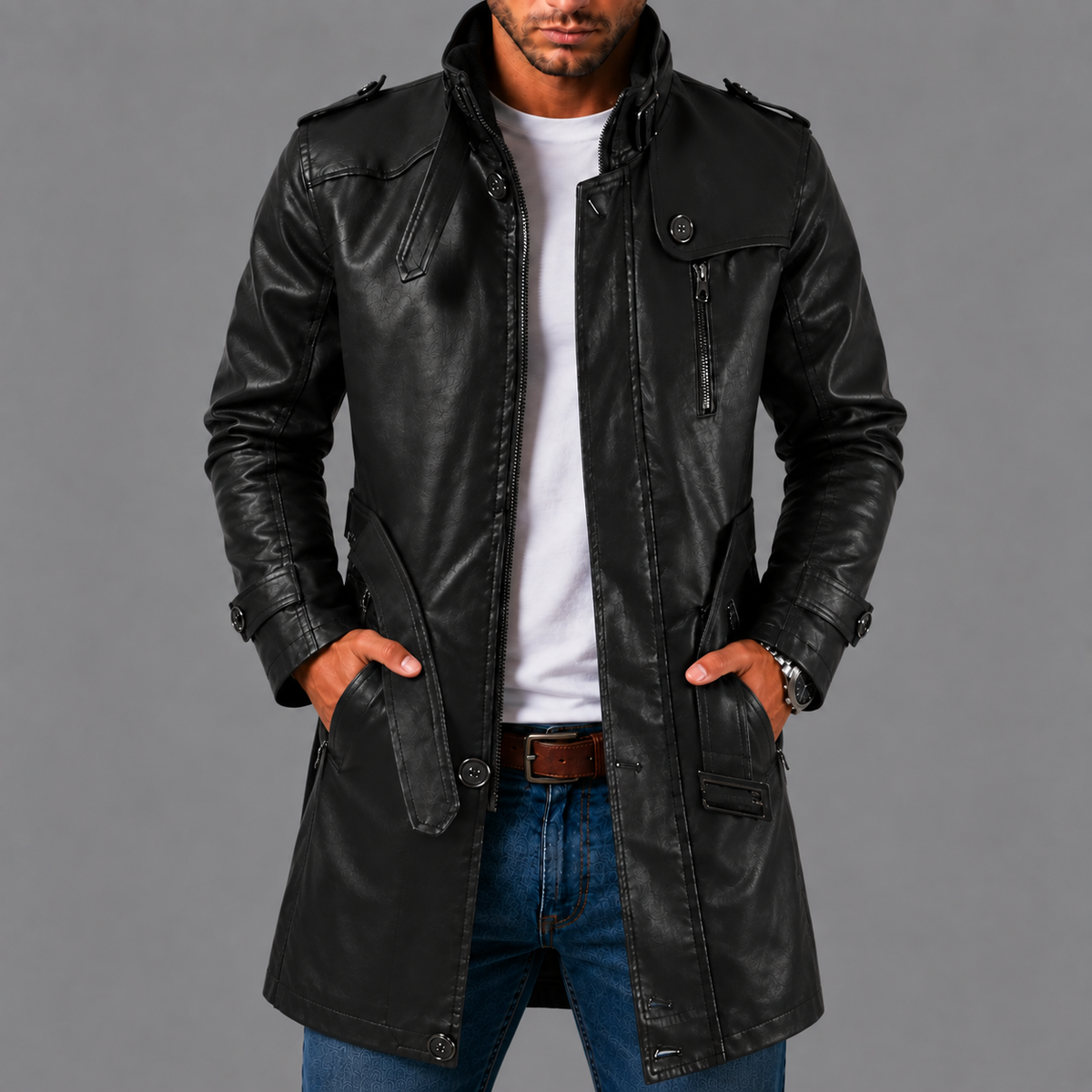 ROLANDO™ - GIACCA DI PELLE LUNGA CON COLLETTO ALTO